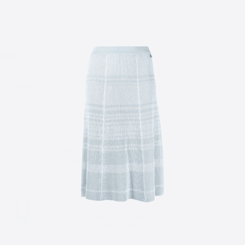 Elisabetta Franchi sky‑blue striped midi knit skirt.