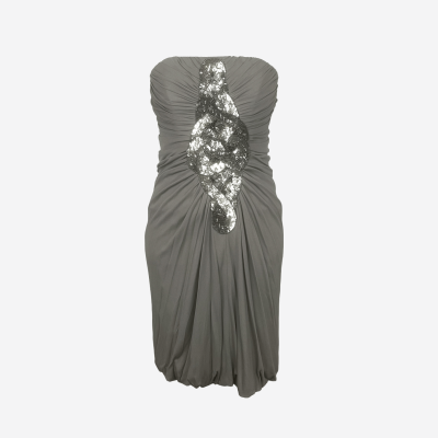 Jay Ahr short taupe strapless dress with beaded sequin pattern.