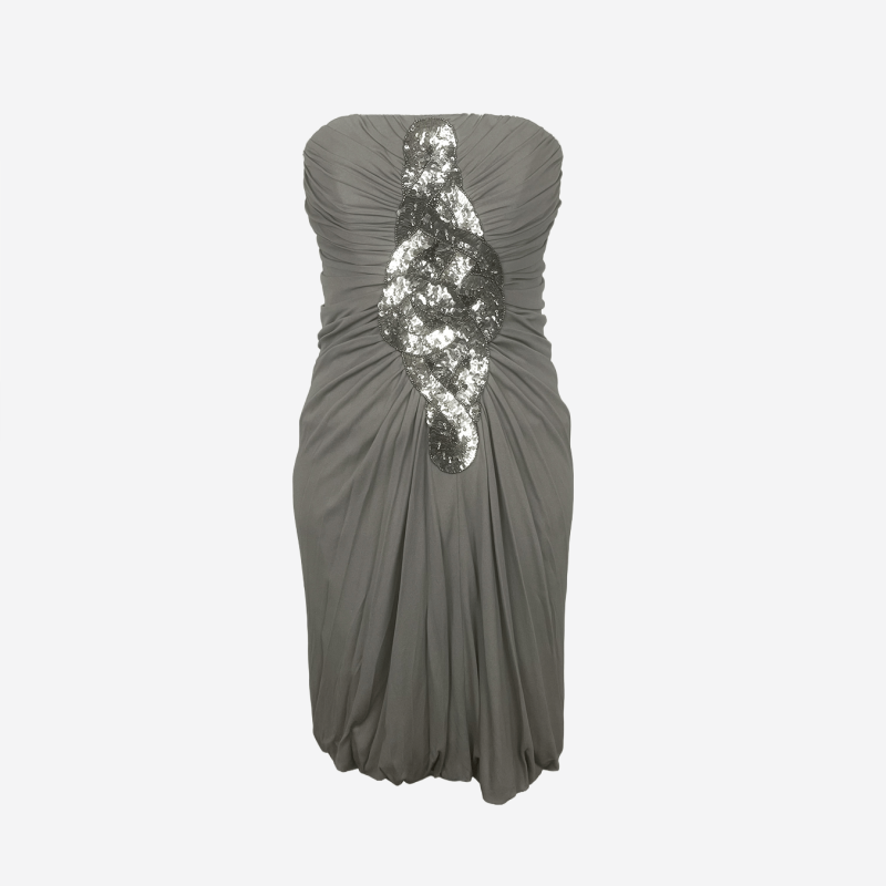 Robe courte Jay Ahr bustier taupe motif perlé à sequins
