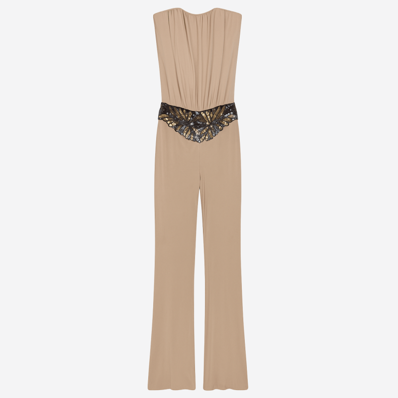 Combinaison pantalon Jay Ahr beige bustier ceinture à sequins