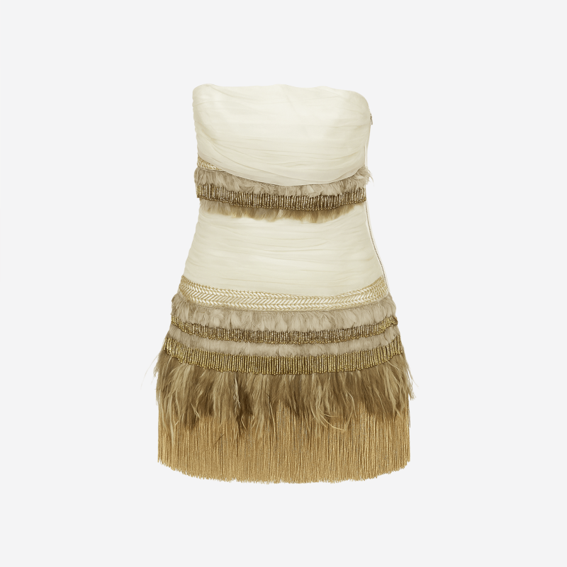 Jay Ahr short ivory strapless dress with draping and gold fringe
