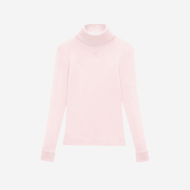 Long-sleeve pale pink Courrèges top with a mock neck collar