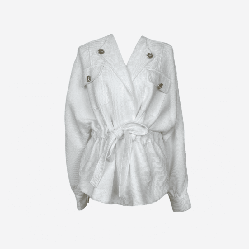 Veste Edward Achour blanche ceinturée boutons dorés