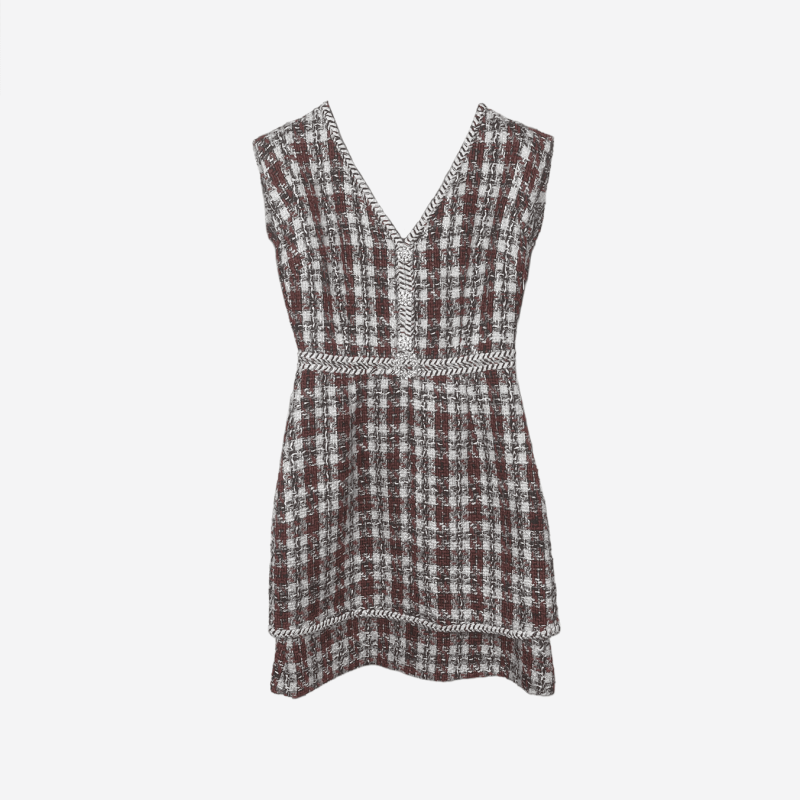 Edward Achour red and white tweed midi dress with jeweled details