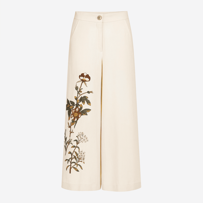 Pantalon Edward Achour beige clair borderie florale