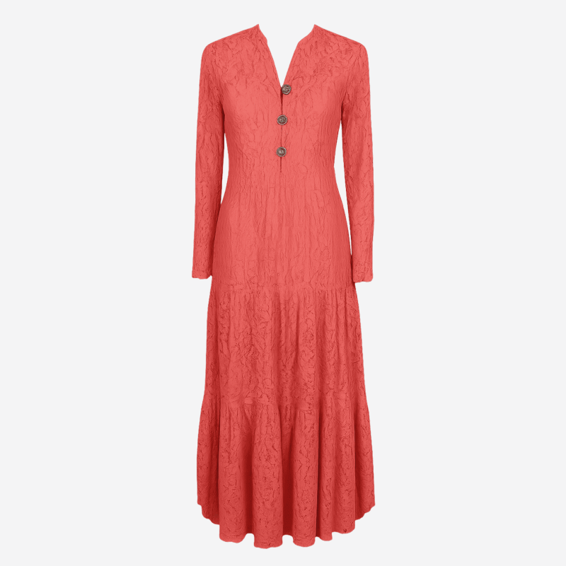 Robe longue Edward Achour dentelle corail et boutons dorés