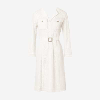 Short white Edward Achour dress in delicate lace.