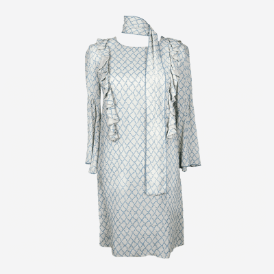 Elisabetta Franchi short dress in ecru and blue with ruffles.