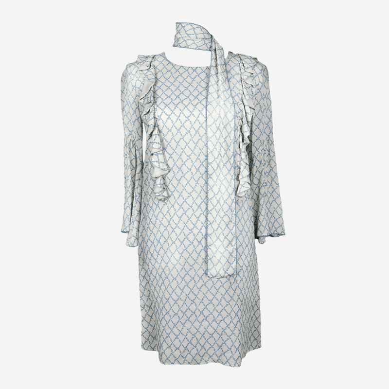 Elisabetta Franchi short dress in ecru and blue with ruffles.