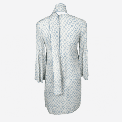 Elisabetta Franchi short dress in ecru and blue with ruffles.