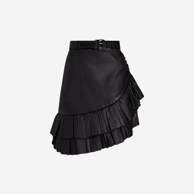Balmain short black skirt with ruffles and a belt.
