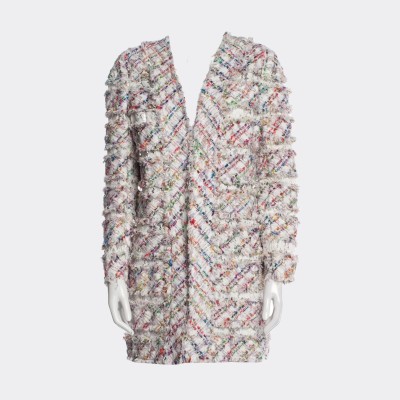 Edward Achour mid-length coat in multicolored tweed with lace detailing.