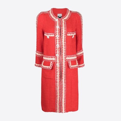 Edward Achour mid-length coat in red tweed, embellished with jewel buttons.