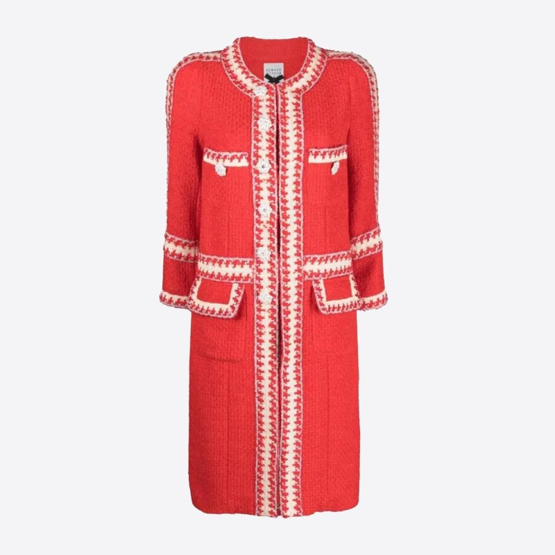 Edward Achour mid-length coat in red tweed, embellished with jewel buttons.