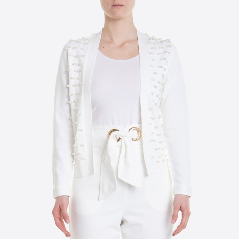 Edward Achour white pearl-embellished cardigan.
