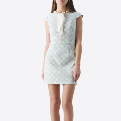 Elisabetta Franchi short dress with geometric print and jeweled collar.
