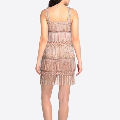 Elisabetta Franchi short dress with crossover neckline, fringe, and pearls.