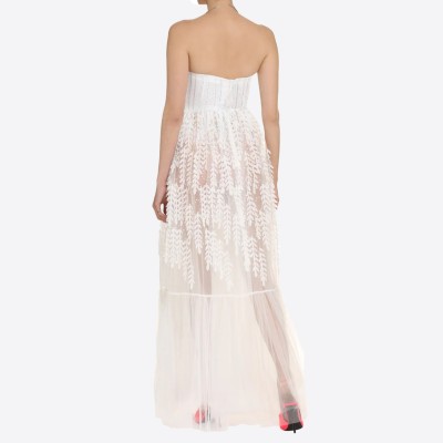 Robe longue Elisabetta Franchi blanche, decolleté bustier et jupe en relief