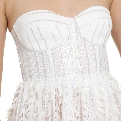 Robe longue Elisabetta Franchi blanche, decolleté bustier et jupe en relief
