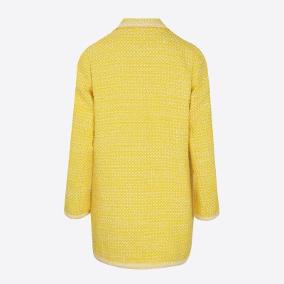 Edward Achour mid-length yellow tweed coat with notched lapel collar.