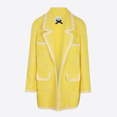 Edward Achour mid-length yellow tweed coat with notched lapel collar.