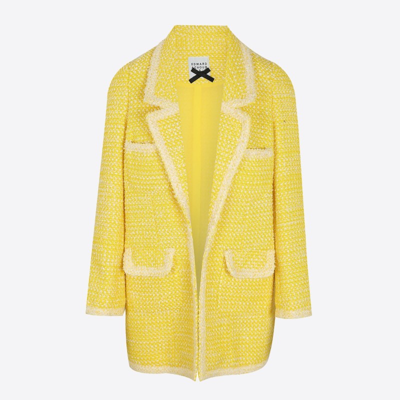 Edward Achour mid-length yellow tweed coat with notched lapel collar.