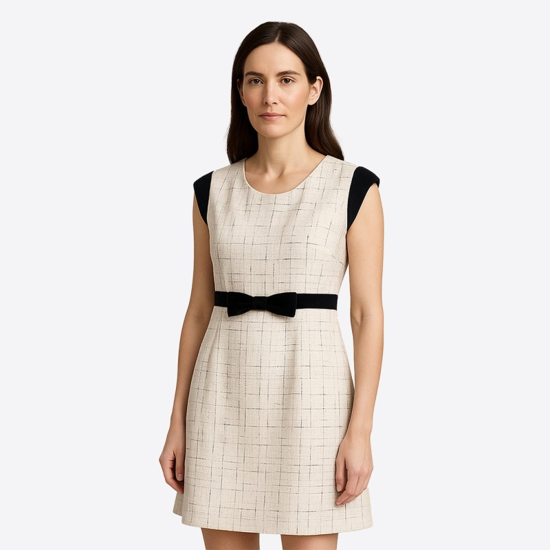 Short Edward Achour ecru tweed dress with black ribbon.