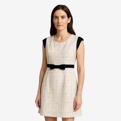 Short Edward Achour ecru tweed dress with black ribbon.