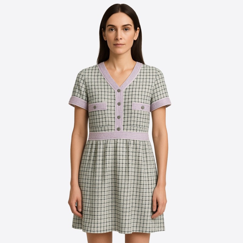 Robe courte Edward Achour vert et lilas tweed boutons