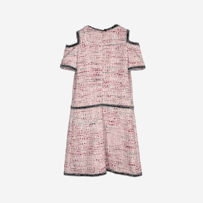 Short Edward Achour dress in pink tweed with jeweled buttons