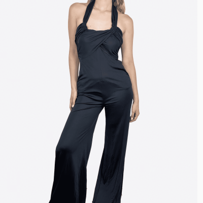 Valentino black jumpsuit with crossed ties.